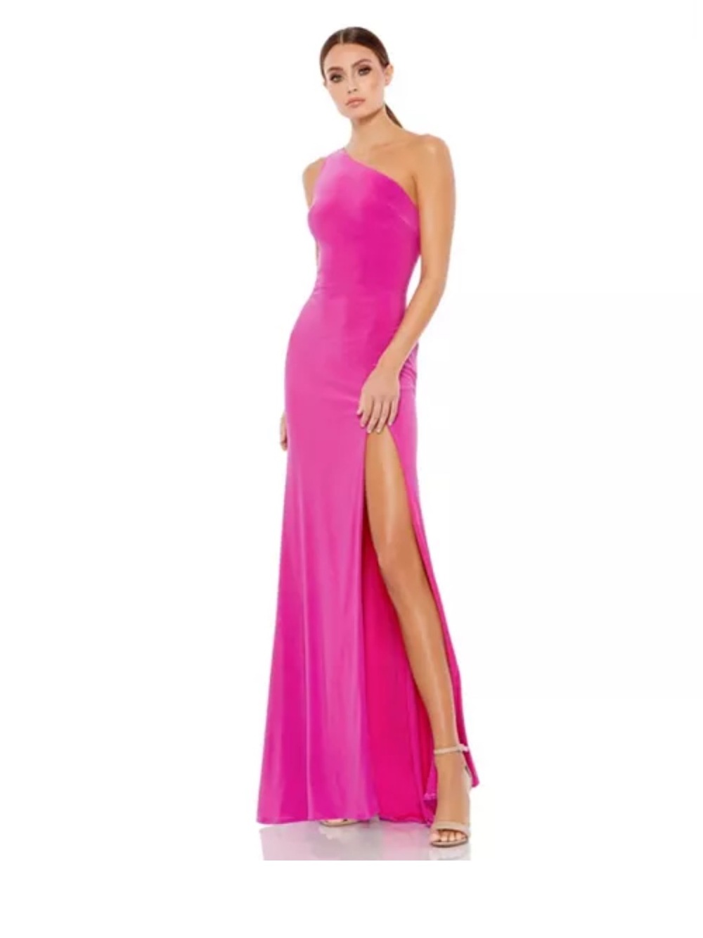 IEENA for Mac Duggal Jersey One-Shoulder Draped Back Evening Gown with High Slit